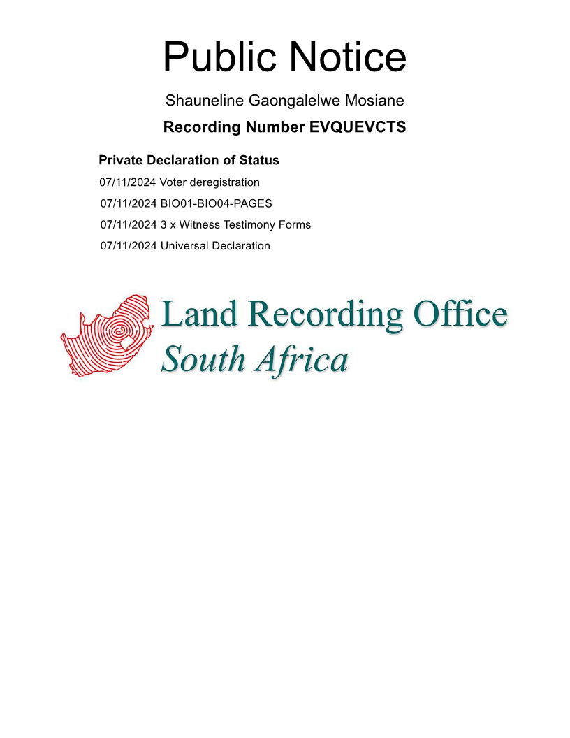 Public notice Shauneline Gaongalelwe Mosiane Recording Number EVQUEVCTS